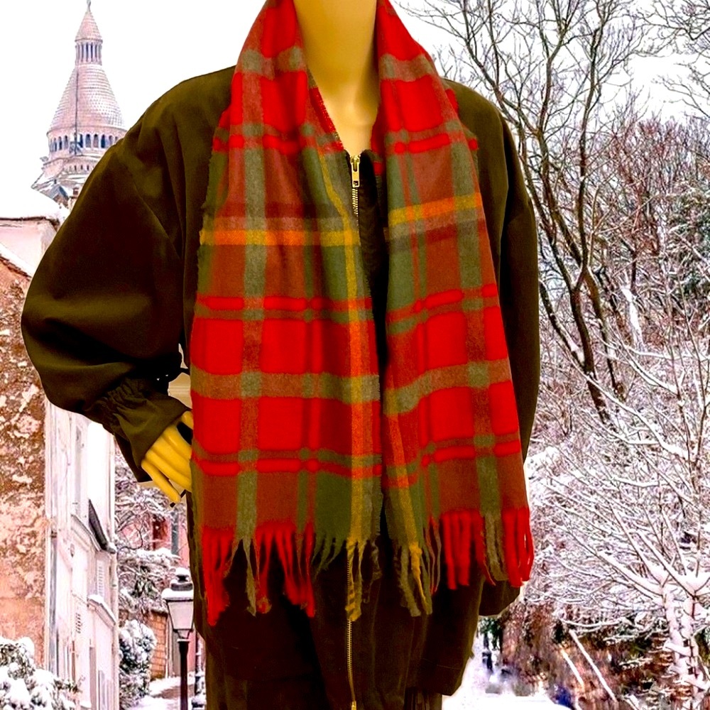 Luxury Wool Blend Plaid Fringed Scarf NWT